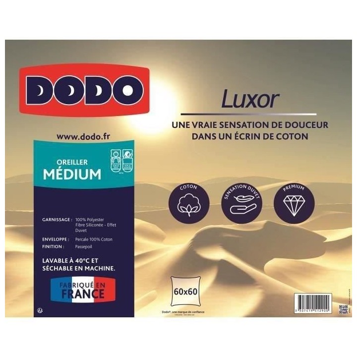 DODO Oreiller LUXOR 60x60 cm - 100% Coton - Effet Duvet