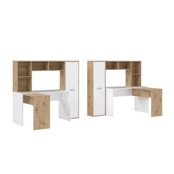 Bureau d'angle gauche/droite 1 porte - Décor Blanc mat et chene artis