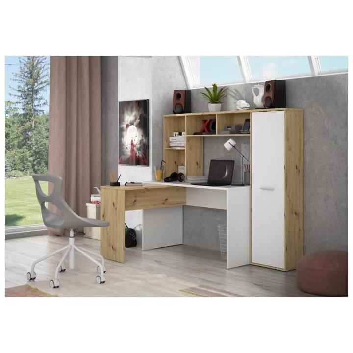 Bureau d'angle gauche/droite 1 porte - Décor Blanc mat et chene artis