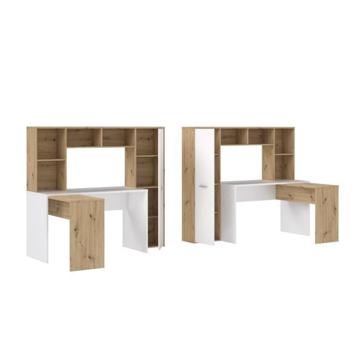 Bureau d'angle gauche/droite 1 porte - Décor Blanc mat et chene artis
