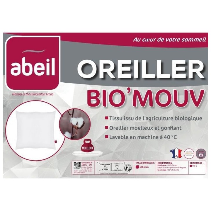 Oreiller Bio' Mouv - 60 x 60 cm - 100% coton Bio - ABEIL