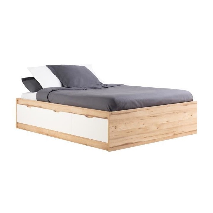 Lit adulte scandinave 3 tiroirs décor chene et blanc mat - l 140 x L