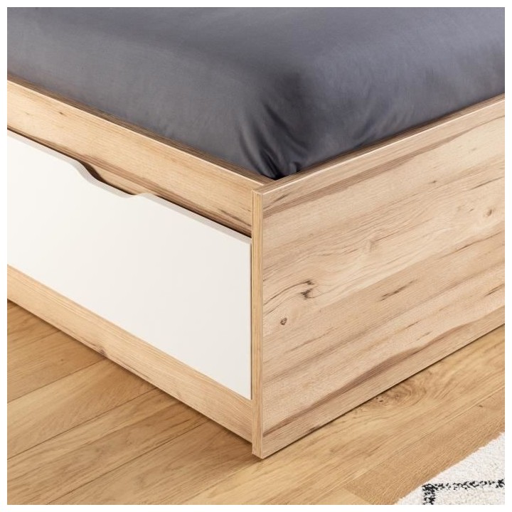 Lit adulte scandinave 3 tiroirs décor chene et blanc mat - l 140 x L
