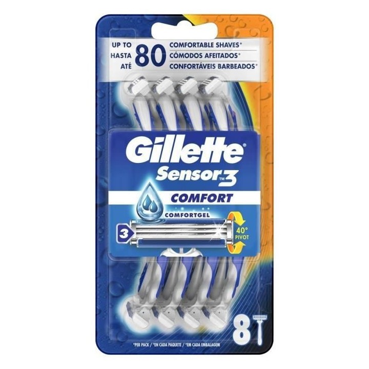 Gillette Sensor3 Comfort Rasoir Jetable Pour Homme, x8