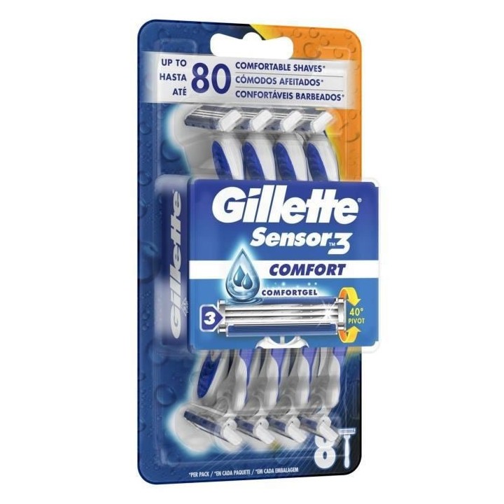 Gillette Sensor3 Comfort Rasoir Jetable Pour Homme, x8