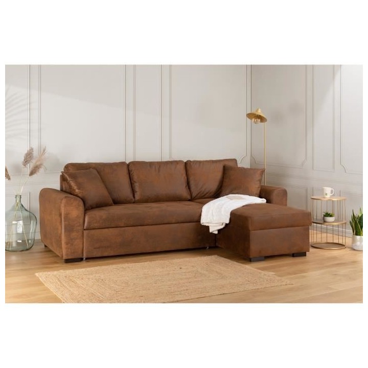 Canapé d'angle convertible réversible - Tissu Marron vintage - L 244