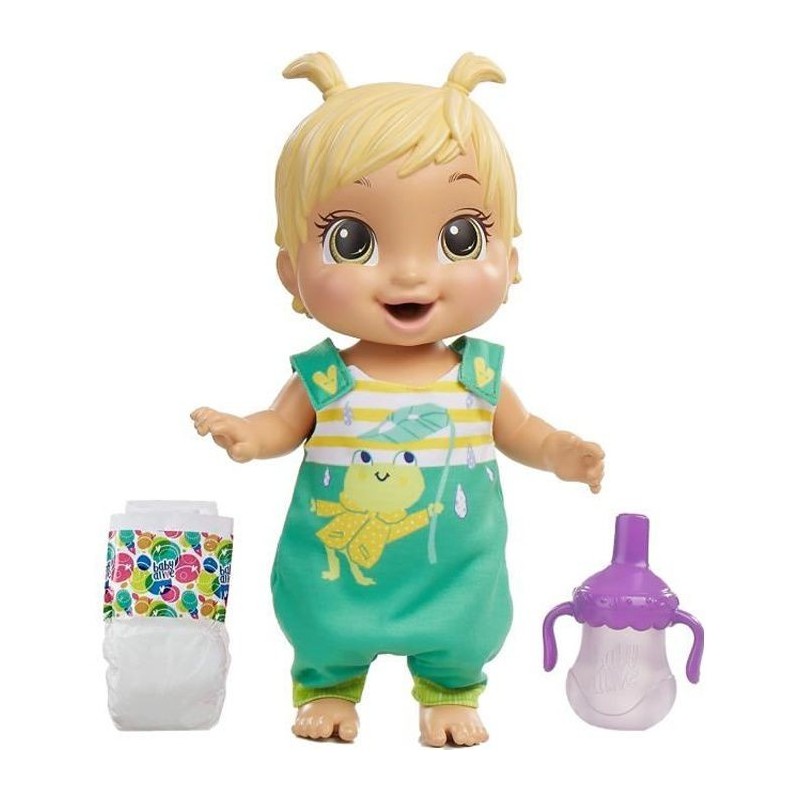 BABY ALIVE - Bébé sautille avec + de 25 effets sonores, tenue de grenouille - Boit et fait pipi - cheveux blonds - des 3 ans