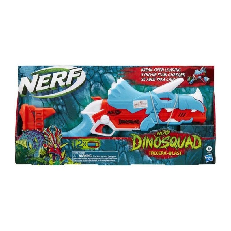 NERF - DinoSquad - Blaster Tricera -blast - s'ouvre pour charger 3 fléchettes - 12 fléchettes NERF - - apparence de triceratop