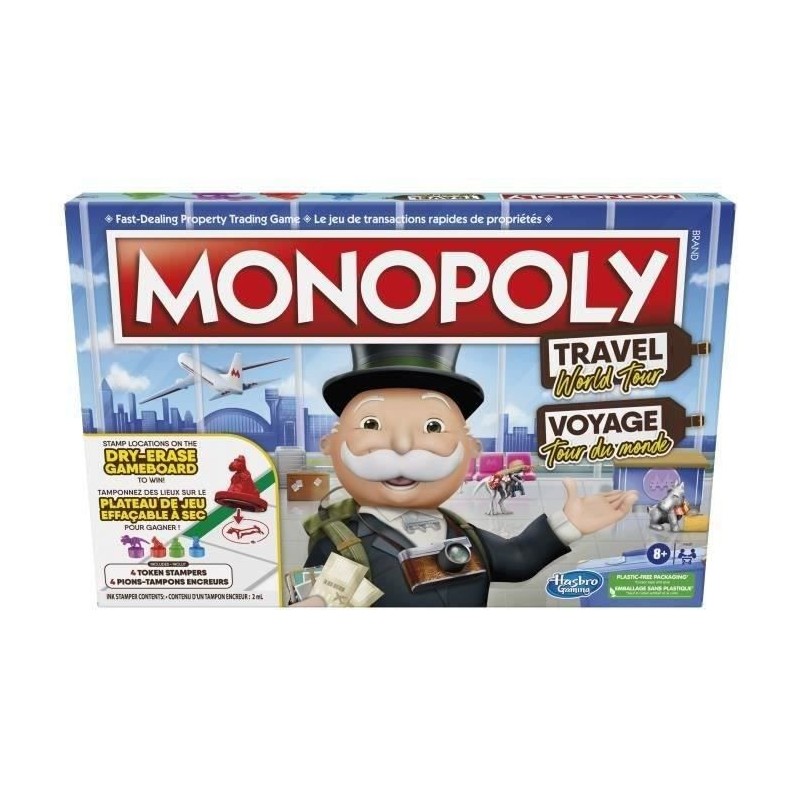 Monopoly Voyage autour du monde, jeu de societe, des 8 ans, avec pions-tampons encreurs et plateau effaçable a sec