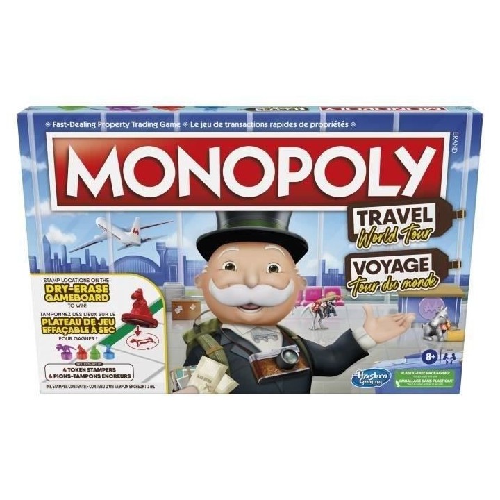 Monopoly Voyage autour du monde, jeu de societe, des 8 ans, avec pion