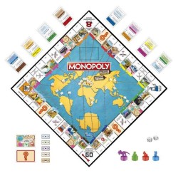 Monopoly Voyage autour du monde, jeu de societe, des 8 ans, avec pions-tampons encreurs et plateau effaçable a sec