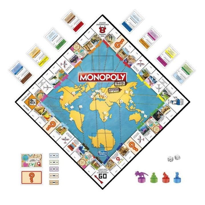 Monopoly Voyage autour du monde, jeu de societe, des 8 ans, avec pion