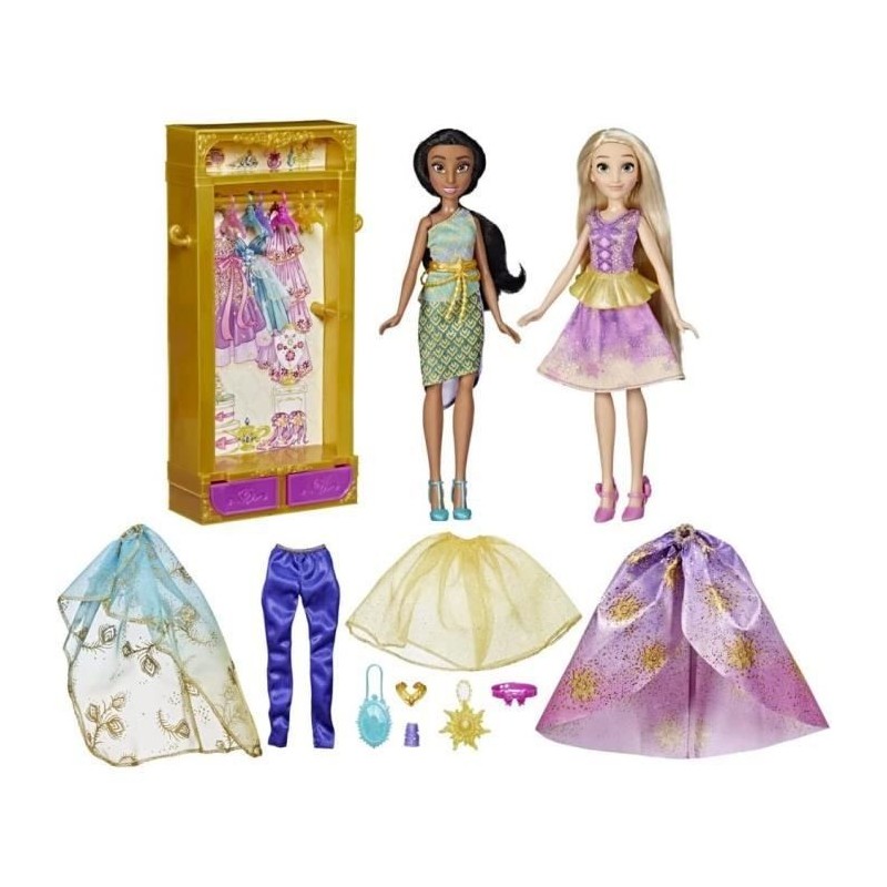 Disney Princesses Le dressing de Jasmine et Raiponce, armoire avec tenues pour poupées, jouet pour enfants, des 3 ans