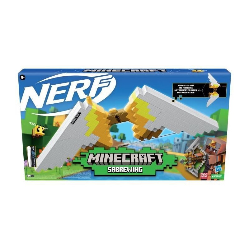 Nerf Minecraft Sabrewing Arc motorisé, tire des fléchettes, chargeur 8 fléchettes Nerf Elite, inspiré de l'arc de Minecraft