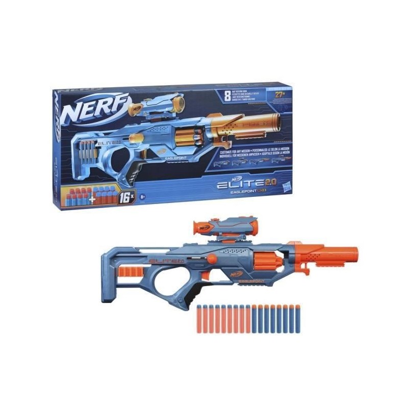 NERF - Elite 2.0 - Blaster Eaglepoint RD-8, barillet 8 fléchettes, viseur et canon amovibles, 16 fléchettes Nerf