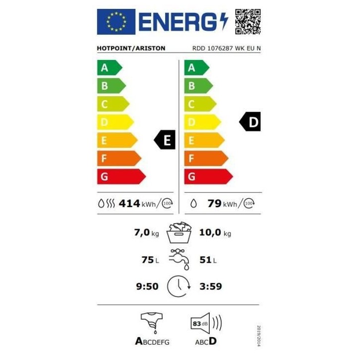 Lave-linge séchant HOTPOINT RDD1076287WKEUN - 10 / 7 kg - Induction -