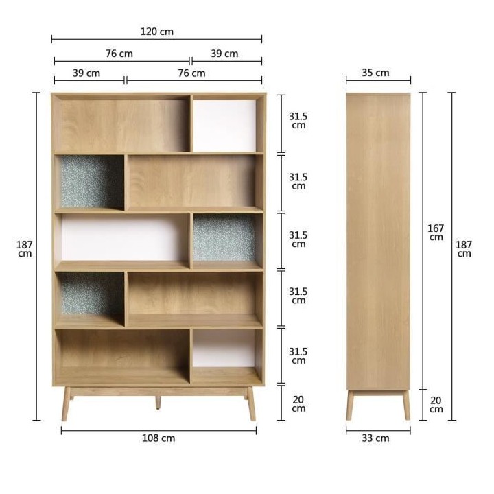 Bibliotheque GARDENIA - Décor Chene et vert - L 120 x P 35 x H 187 cm