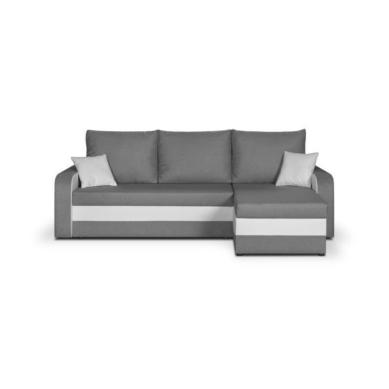 Canapé d'angle 4 places convertible réversible + coffre - Tissu gris et simili blanc - L 240 x P 160 x H 83 cm - KRYSY