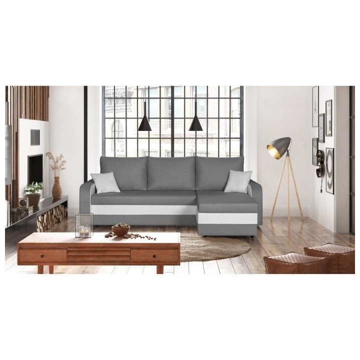 Canapé d'angle 4 places convertible réversible + coffre - Tissu gris