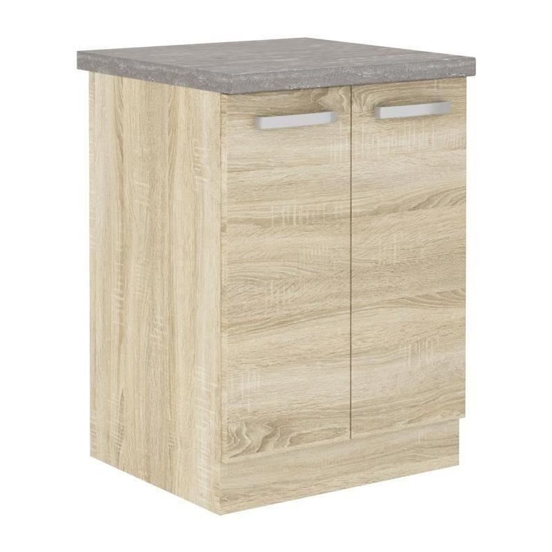 Meuble bas 2 portes battantes - Décor chene sonoma - L 60 x P 51,6 x H 85 cm - LASSEN