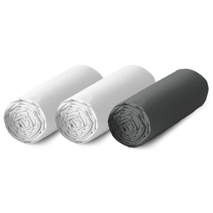 TODAY Lot de 3 draps housse 100% coton - 140x190 cm - Blanc et gris an