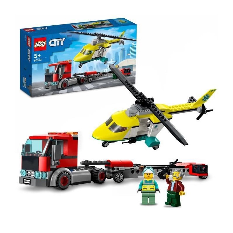 LEGO 60343 City Great Vehicles Le Transport de L'Hélicoptere de Secours, Camion Jouet Cadeau pour les Enfants des 5 Ans