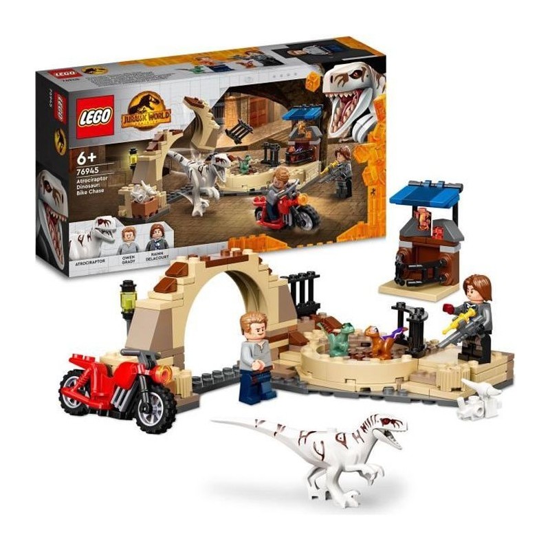 LEGO 76945 Jurassic World La Poursuite en Moto de l'Atrociraptor, Dinosaures, 2 Bébés Dinos et Minifigurines