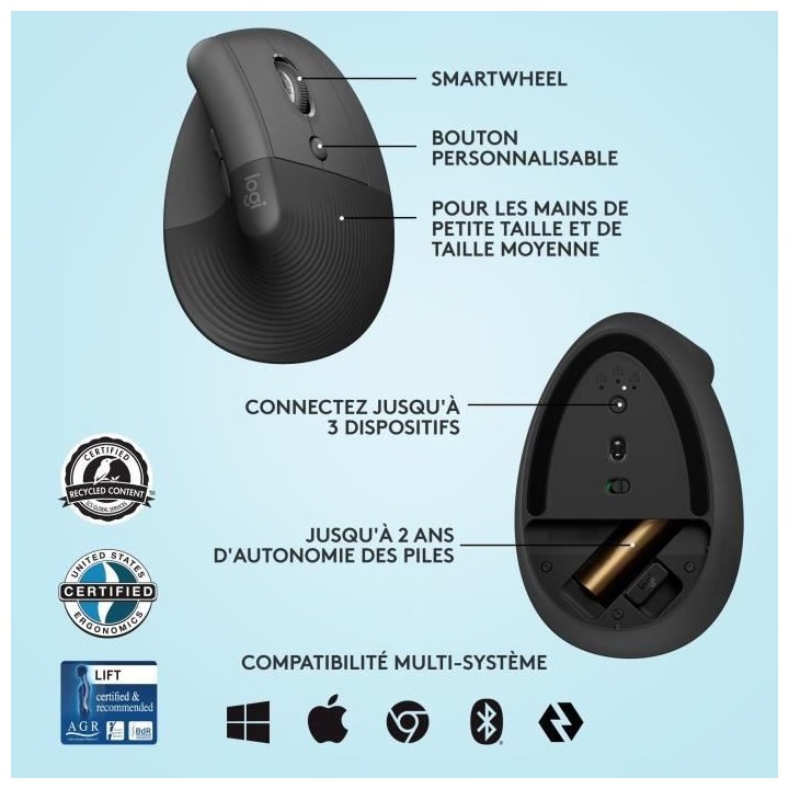 Souris Sans Fil Logitech Lift Ergonomique Verticale, Bluetooth ou réc