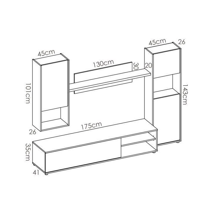 Ensemble Meuble TV : meuble tv 175 cm + 1 étagere + 2 modules - Chene