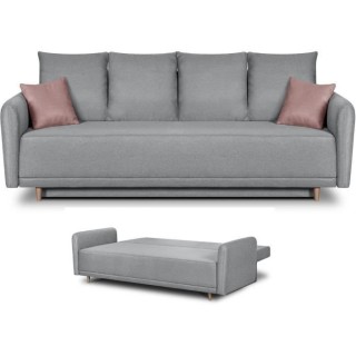 Banquette convertible avec le coffre - Tissu gris perle et coussins d