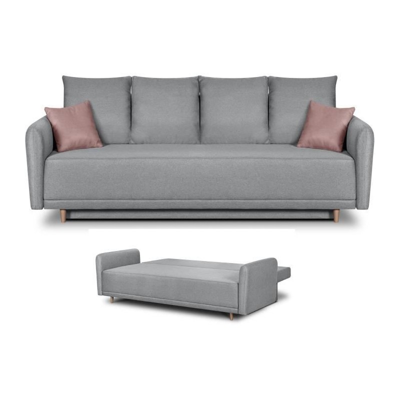 Banquette convertible avec le coffre - Tissu gris perle et coussins déco rose - L228 x P95 x H90 cm - MERINO