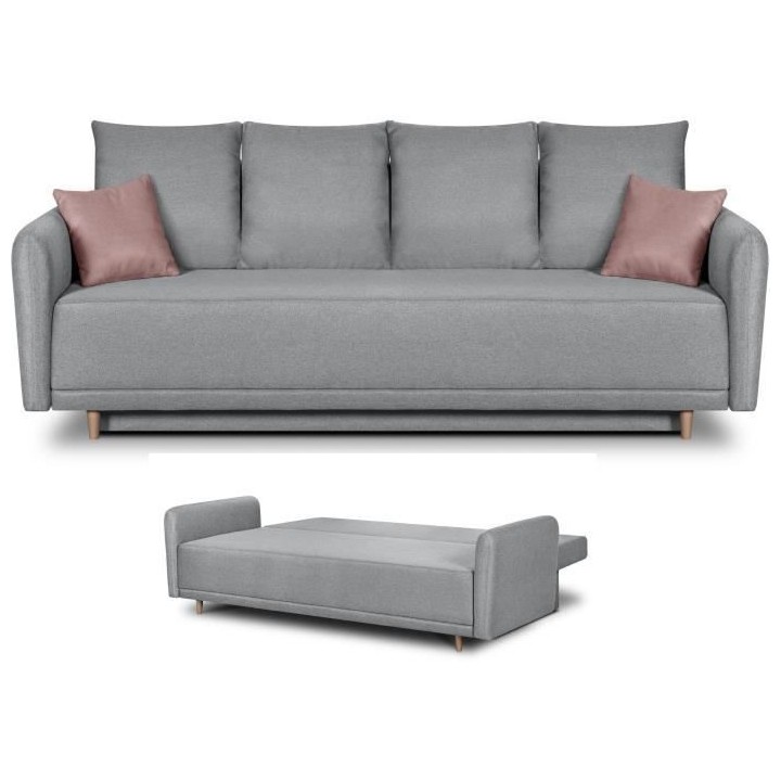 Banquette convertible avec le coffre - Tissu gris perle et coussins d