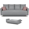 Banquette convertible avec le coffre - Tissu gris perle et coussins déco rose - L228 x P95 x H90 cm - MERINO