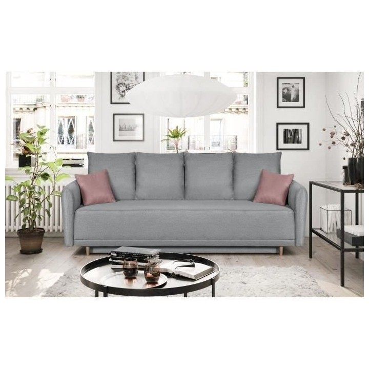 Banquette convertible avec le coffre - Tissu gris perle et coussins d
