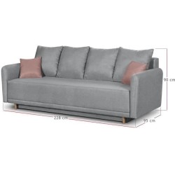 Banquette convertible avec le coffre - Tissu gris perle et coussins déco rose - L228 x P95 x H90 cm - MERINO