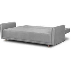 Banquette convertible avec le coffre - Tissu gris perle et coussins déco rose - L228 x P95 x H90 cm - MERINO