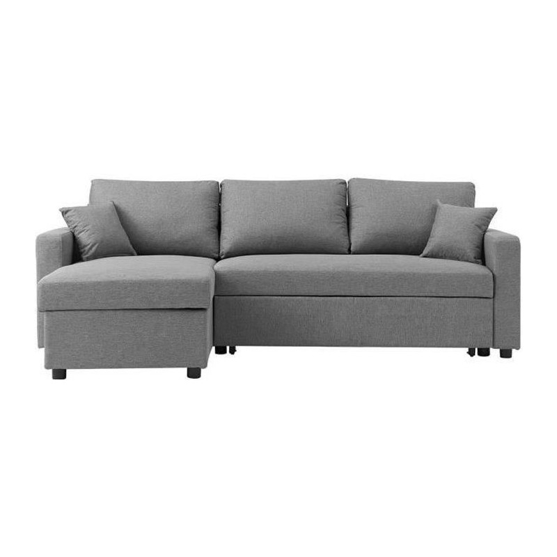 Canapé d'angle convertible grand couchage + coffre 3 places Owens - Tissu gris - L 228 x P 148 x H 86 cm