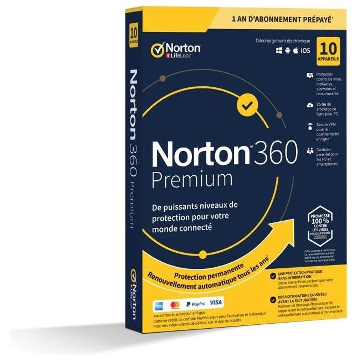 NORTON 360 Premium 75 Go FR 1 Utilisateur 10 Appareils - 12 Mo STD RET