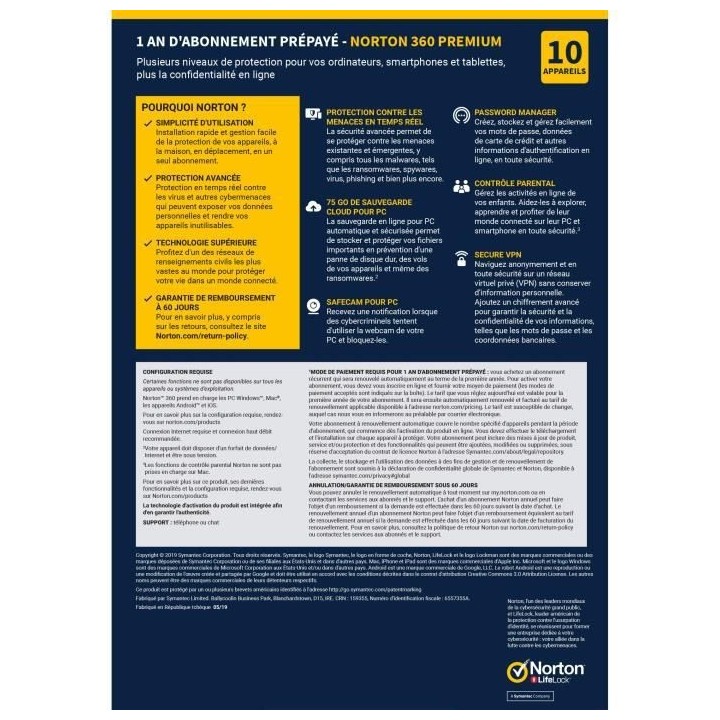 NORTON 360 Premium 75 Go FR 1 Utilisateur 10 Appareils - 12 Mo STD RET