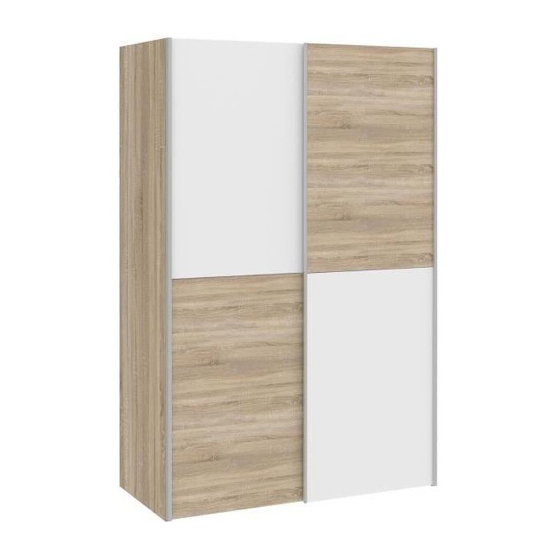 Armoire 2 portes coulissantes - Panneaux de particules - Blanc mat et décor chene - L 120 x P 61,2 x H 190,5 cm - OZZULA