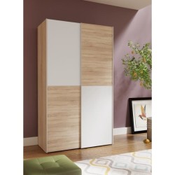 Armoire 2 portes coulissantes - Panneaux de particules - Blanc mat et décor chene - L 120 x P 61,2 x H 190,5 cm - OZZULA