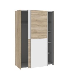 Armoire 2 portes coulissantes - Panneaux de particules - Blanc mat et décor chene - L 120 x P 61,2 x H 190,5 cm - OZZULA