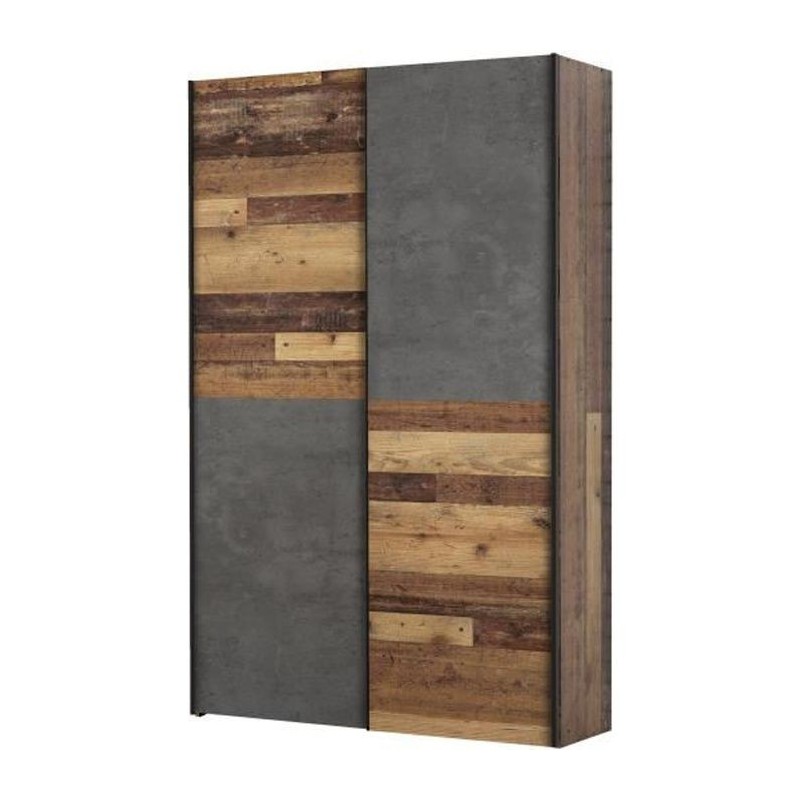 Armoire 2 portes coulissantes multifonction - Panneaux de particules - Bois et béton gris - L 120 x P 41,6 x H 190,5 cm - OZZUL