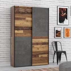 Armoire 2 portes coulissantes multifonction - Panneaux de particules - Bois et béton gris - L 120 x P 41,6 x H 190,5 cm - OZZUL