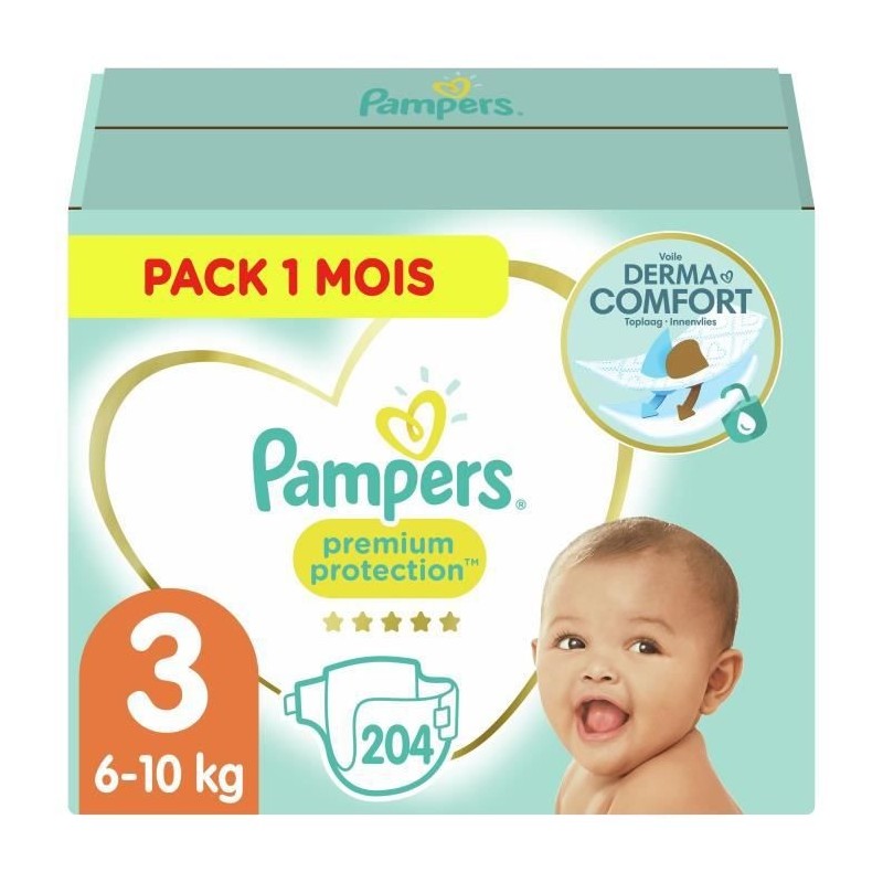 PAMPERS Premium Protection Taille 3 - 5 a 9 kg - 204 Couches - Pack 1 Mois