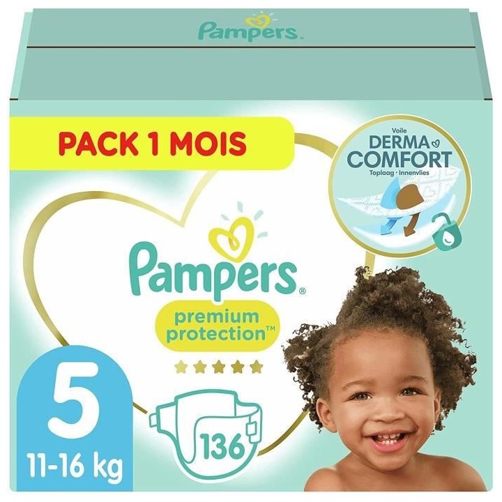 PAMPERS Premium Protection Taille 5 11-16kg - 136 Couches, Pack 1 Mois