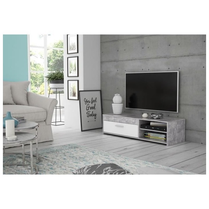 Meuble TV PILVI - Blanc et béton clair - Contemporain - L 120 x P 42,