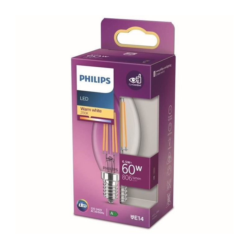 Philips ampoule LED Equivalent 60W E14 Blanc chaud Non dimmable, Verre