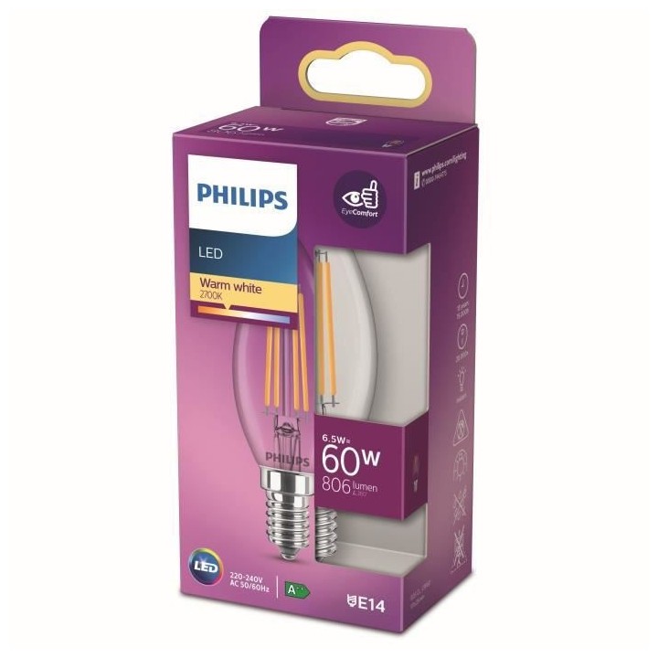 Philips ampoule LED Equivalent 60W E14 Blanc chaud Non dimmable, Verre