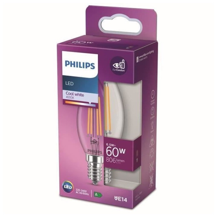 Ampoule LED PHILIPS Non dimmable - E14 - 60W - Blanc Froid